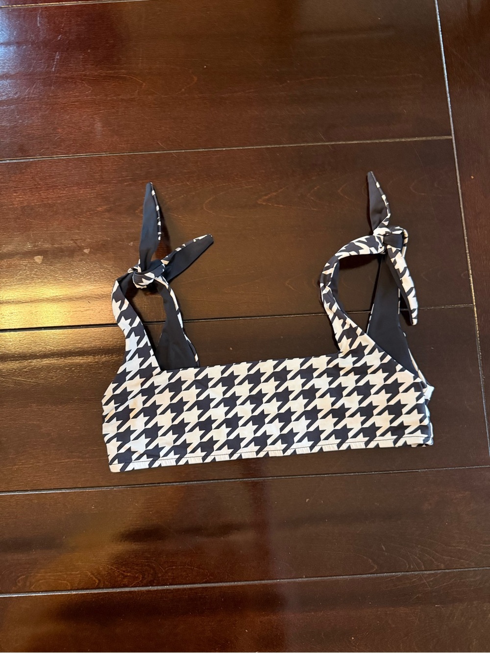 Frankie's Bikinis Black & White Houndstooth Tie-Shoulder Bikini Top